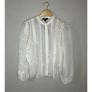 J Crew Lace Trim Pintuck Top in Crepe de Chine Womens 6 Ivory Sheer Feminine